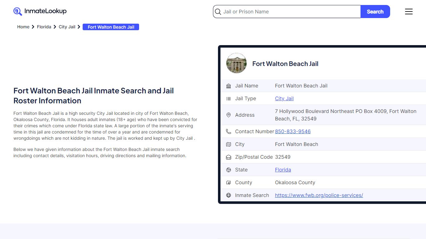 Fort Walton Beach Jail (FL) Inmate Search Florida - Inmate Lookup